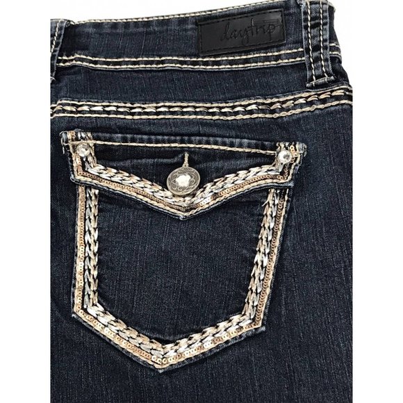 Daytrip Denim - Daytrip Women Virgo Skinny Slim Jeans Blue Thick Stitch Sequin Dark Wash 29R New